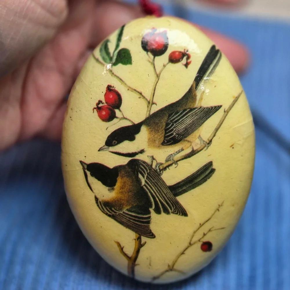 Vintage Chickadee Bird Decoupage Oval Hanging Ornament Nature Decor Double Sided